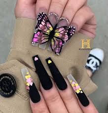 Coffin Black And Clear Acrylic Nails Gorgeous Coffin Clear Butterfly Nails With Black Matte Nails With Rhinestones And Gold Pink In 2020 Cute Acrylic Nail Designs Butterfly Nail Butterfly Nail Designs