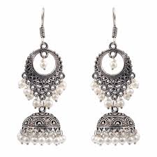 Traditional Silver Plated Oxidized Jhumka Jhumki White Pearls Earrings Silver Jewelry Design White Pearl Earring Women S Earrings