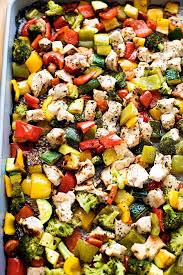One Pan Balsamic Chicken Veggie Bake The Real Food Dietitians Recipe Baked Veggies Roasted Veggies In Oven Oven Roasted Chicken