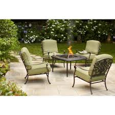 Hampton Bay Edington 5 Piece Patio Fire Pit Set With Celery Cushions 141 034 5fch At The Home Depot Fire Pit Patio Set Fire Pit Patio Patio Seating Sets