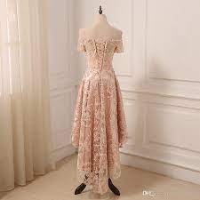 Gold lace flower girls pageant dresses long puffy prom tulle ball gownshop now : Rose Gold Lace Prom Dress High Low Off Shoulder With Sleeves 2021 Lace Up Back Designer Cheap Evening Formal Gowns New From Lovemydress 60 51 Dhgate Com