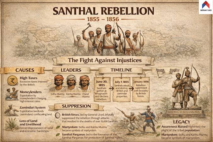 Santhal Rebellion 1855, Causes, Leaders, Impact, UPSC H1- Santhal Rebellion (1855–56): Causes, Leaders, Impact & Significance