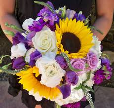 White Purple And Yellow Bridal Bouquet In Sunflowers Tulips Stock Hydrangea Roses Purple Wedding Flowers Wedding Flowers Sunflowers Yellow Bridal Bouquets
