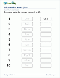 write number words 1 50 worksheets k5 learning