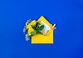 Tap or pinch to zoom. Envelope With Yellow Roses And White Filler Flowers Gypsophila On Bright Blue Background Top View Flat Lay Stock Photo Image Of Love Flower 154436952