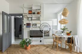 Getrenntes wohnen und schlafen, balkonfront. Wohnung Mit Offener Kuche Fototapete Fototapeten Runder Tisch Monstera Appartment Myloview De