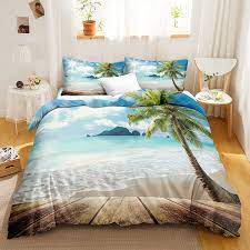 For teens and kids, they will love the surf board bedding sets available. Amazon Com Bedbay Ocean Beach Duvet Cover Set Tropical Bedding Palm Tree Beach Waves Pattern Holiday Vacation Theme Bedding Queen 1 Duvet Cover 2 Pillowcases Sunny Beach Queen Kitchen Dining