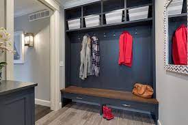 Apply additional coats of wood filler as needed. Navy Blue Mudroom Lockers With Wood Bench Transitional Laundry Room