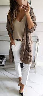 Fall Outfits Women S Brown Knit Long Cardigan And White Dress Pants Outfit Trendy Fall Outfits Fashion Casual Fashion