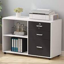 Wood filing cabinets & file storage : Umeroom 3 Drawer Wood File Cabinets With Lock Large Modern Lateral Mobile Filing Cabinets Printer Stand With Wheels Open Storage Shelves For Home White With Lock Umeroom