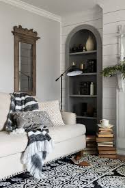 2 Interior Light Gray Wall And Light Gray Shiplap Walls Built In Darker Gray Shelf With Farmhouse Decor Living Room Hygge Living Room Farm House Living Room
