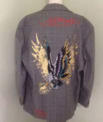 Rare Ed Hardy By Christian Audigier Sports Coat Sz Xxl Suit Jacket Embroidered Edhardy S Black Leather Bomber Jacket Christian Audigier Leather Bomber Jacket
