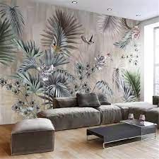 3d Wallpaper Walls Leaves Flowers Birds Wall Mural Retro Etsy Retro Living Rooms 3d Wallpaper For Walls 3d Wallpaper Designs For Living Room