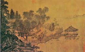 liu songnian 刘松年 四景山水图 夏景 夏景 画湖边之水阁凉庭 庭前点缀以湖石 四周花木丛生 水阁伸向湖中 扶衬以木桩梁架 有点像西湖十景中白堤上的 平湖秋月 主人端坐中庭纳凉观景 旁有侍者伫立 figure painter chinese painting painting