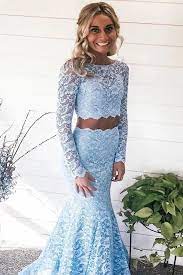Light Sky Blue Long Sleeves Mermaid Two Piece Prom Dresses Long Lace Evening Dress N2406 Lace Evening Dress Long Blue Lace Prom Dress Piece Prom Dress