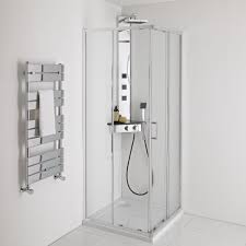 Milano Astley Modern Corner Thermostatic Shower Tower Panel With Large Shower Head Hand Shower Body Jets And Shelf Chrome And Black Large Shower Large Shower Heads Corner Shower Enclosures