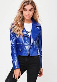 Missguided Blue Crop Patent Faux Leather Biker Jacket Jacket Outfit Women Leather Jacket Jackets For Women
