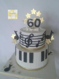 Tier 60th Birthday Cake Ideas For Mom Two Tier 60th Birthday Cake Music Theme For A Musician White With Black Details And Gold Accen Music Themed Cakes Birthday Cakes For Men 60th Birthday Cakes