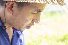 Farmer`s Face Was Filled with Sweat Due To Working in the Hot Sun. Stock  Image