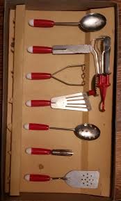 Check spelling or type a new query. Vintage Childs Newburgh Metal New Met Small Fry Kitchen Utensil Set Red With Images Vintage Toys Utensil Set Antique Toys