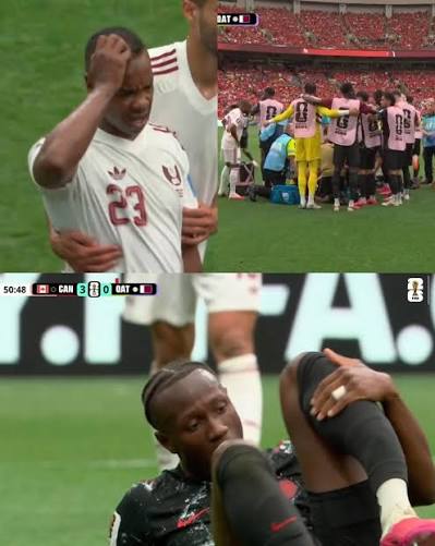 🚨 Assim Madibo 🇶🇦 est en larmes après son tacle sur Ismaël Koné 🇨🇦. Le  milieu qatari est complètement sous le choc en voyant la gravité de la  blessure. 😢 Les premières