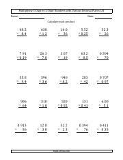 Once you've multiplied you must carry the decimal over the right amount of spaces to determine the product. Decimals Worksheet Multiplying 2 Digit By 2 Digit Numbers With Various Decimal Places Pdf Multiplying 2 Digit By 2 Digit Numbers With Various Course Hero