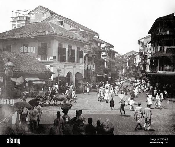 1860 India, Maharashtra, Bombay (Mumbai). The interior of the old Fort, Bombay. Church Gate Street. Photographer unknown. Restored Image.