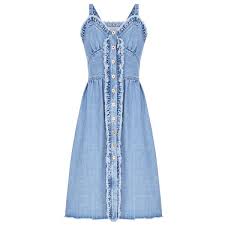 Flow The Label Denim Ruffled Tank Dress Found On Polyvore Featuring Dresses Blue Flutter Sleeve Denim Ruffle Dress Blue Ruffle Dress Button Down Denim Dress