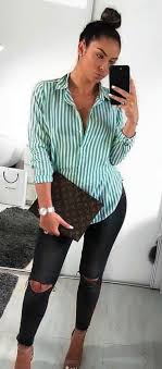 Black And White Striped Shirt Outfit Summer Outfits Green And White Striped Sports Shirt Stripe Shirt Outfit Spring Outfits With Striped Shirts Shirt Outfit Summer