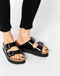 Birkenstock Arizona Rose Gold Sandals Birkenstock Arizona Platform Patent Black Slider Flat Sandals At Asos Com Birkenstock Sandals Birkenstock Shoes