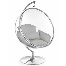 Clear Round Retro Hanging Bubble Chair On Steel Base With Grey Cushion Bubble Chair Swinging Chair Ball Chair