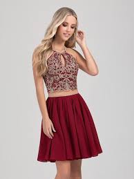 Val Stefani Cocktail Style 3380rk Lace Halter Neck Crop Top With Keyhole And Short Chiffon Skirt Homecoming Dres Perfect Cocktail Dress Fashion Eve Dresses