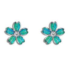 Sterling Silver Hawaiian Blue Opal Fancy Plumeria Earrings Blue Opal Jewelry Stud Earrings Earings Piercings