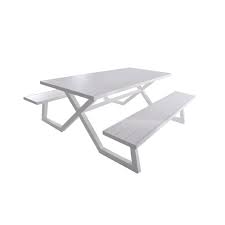 Vivere Ltd Banquet White Rectangle Aluminum Picnic Table With Attached Bench Seating Bdat Wh The Home Depot In 2020 Picnic Table Portable Picnic Table Folding Picnic Table