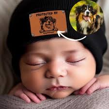 Custom Pet Portrait Protected by Baby Toddler Beanie With Vegan Leather  Patch for Boy Girl, Personalized Baby Puppy Beanies With Name
