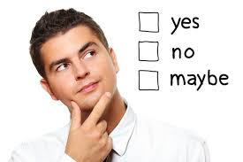 A young businessman choosing from three options yes no maybe over white  background