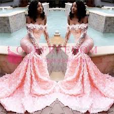 2019 Soft Pink Off The Shoulder Prom Dresses Long Sleeve Appliques Lace 3d Flora Sweep Train Mermaid South Africa Style Formal Evening Dress Short