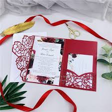 Elegant Red Tri Fold Laser Cut Invites For Wedding Quince Sweet Sixteen Laser Cut Pocket With Belly Band And Rsvp Card Simple Wedding Invitations