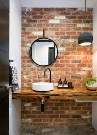 Small Bathroom Powder Room With Exposed Brick Wall Small Bathroom Sinks Brick Bathroom Brick Tiles Bathroom