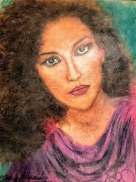 In front of a portrait painting of herself in 1965.