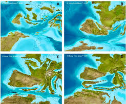 Reconstrucciones paleogeográficas de la Península Ibérica durante diversas  fases de la Orogenia Alpina. A: Cretácico, hace 75 millones de años; B:  Eoceno, hace 50 millones de años; C: Oligoceno, hace 25 millones