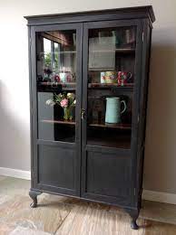 Antique white cabinets & glazed walnut stained cabinets. Antique Vintage Glazed Display Cabinet Bookcase Dresser Painted Black Cupboard Annie Sloan Graphite Black Painted Furniture Furniture Makeover Rustic Furniture