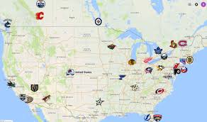 The national hockey league (nhl) is a professional ice hockey league in canada and the united states. Nhl Map Teams Logos Sport League Maps Maps Of Sports Leagues