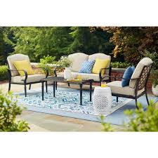 We did not find results for: Hampton Bay Laurel Oaks 4 Piece Brown Steel Outdoor Patio Conversation Seating Set With Standard Putty Tan Cushions 505 0370 000 The Home Depot