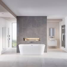 High end bathroom with large white bathtub and shiplap siding. High End Bathroom Tissino