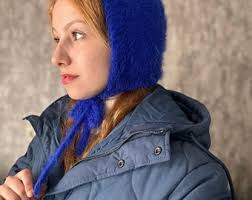 Hand-knitted Adult Bow Tie Bonnet, Handmade Blue Bonnet, Unisex Bonnet,  Winter Bonnet, Handmade Winter Warm Hat, Handmade Balaclava