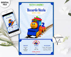 Digital Bob The Train Birthday Party Invitation Printable Invite Whatsapp Invitation Invito Digitale Compleanno A Tema Bob Il Treno In 2020 Train Birthday Party Invitations Train Birthday Train Birthday Invitations