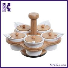 5 White Ceramic Condiment Pots W Rotating Bamboo Spice Jar Stand Spice Jars Gadgets Kitchen Cooking Unique Housewares