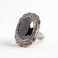 Sale Vintage Hematite Ring Art Deco 1930s Size 7 1 4 Sterling Silver Dark Gray Metallic Gem Marcasite Ge Marcasite Jewelry Jewelry Vintage Sterling Rings