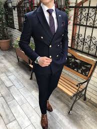 Terziademaltun Italyan Stil Slim Fit Erkek Ceket Pantolon Kruvaze Takim Elbise Koyu Lacivert T2649 Three Piece Suit Suits Double Breasted Suit